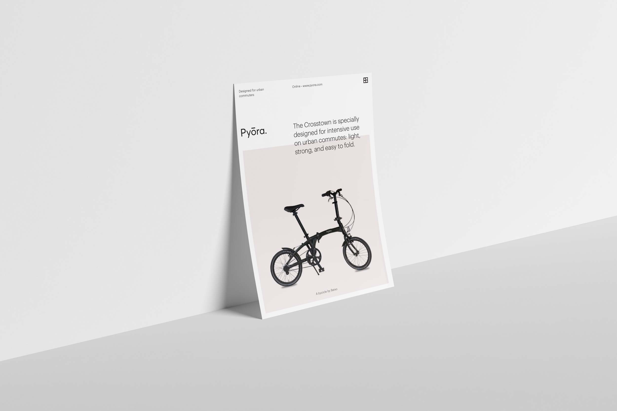 Standing flyer displaying the Pyora brand identity design