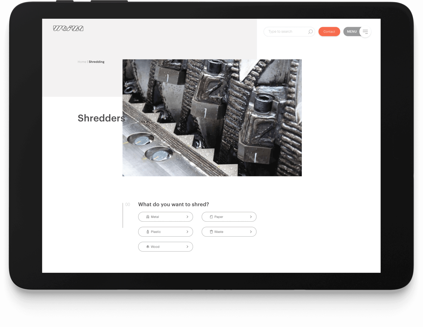 Weima shredder page shown on tablet