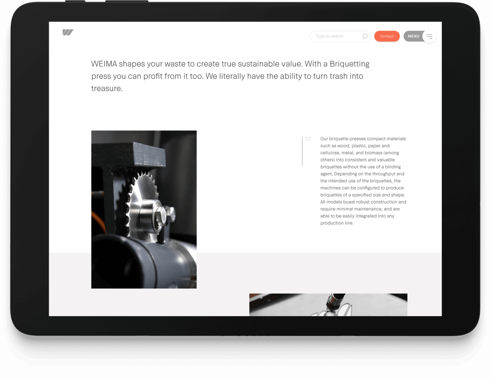 Weima briquette page shown on tablet